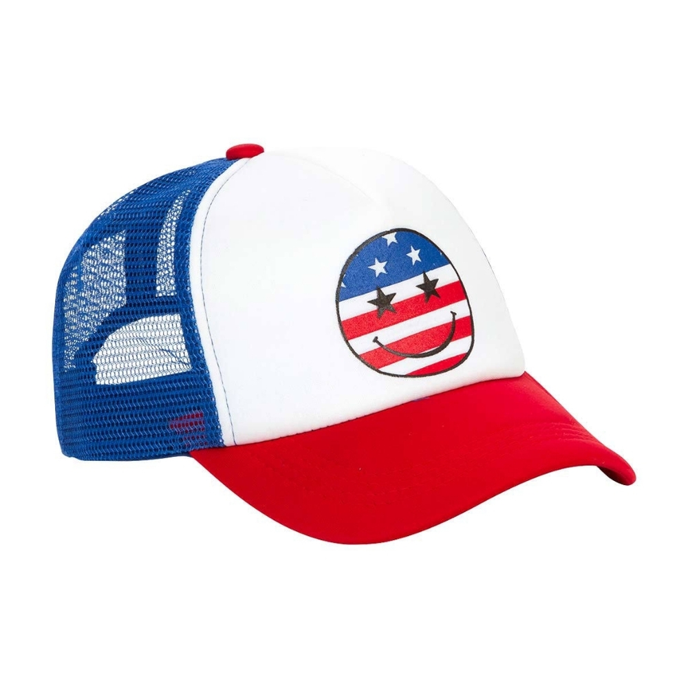 NEW USA Patriotic Stars and Stripes Print Smiley Face Trucker Cap Snapback Hat